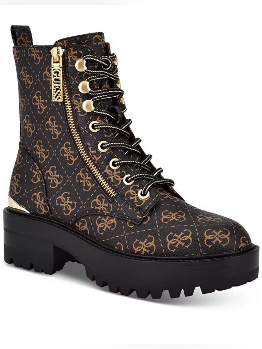 Guess Fearne Lug Sole Logo Combat Boots Black Gold 7 EUC